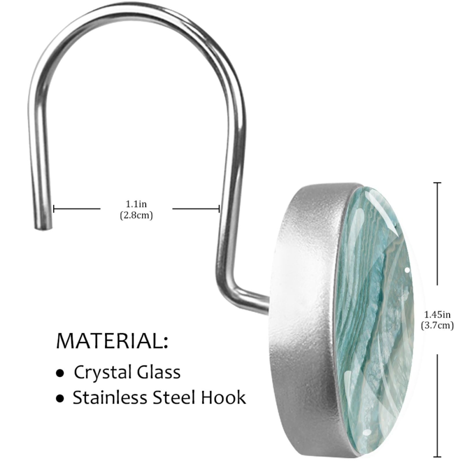 Lot de 12 crochets de rideau de douche texturés en agate bleu sarcelle, antirouille et décoratifs pour salle de bain, chambre à coucher