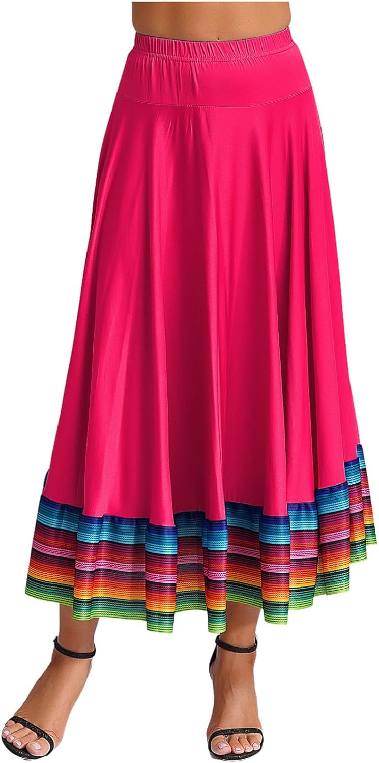 OTMYIGO Frauen Spanischer Flamenco Rock Bauchtanz Kostüm Röcke Karneval Kostüm Tanzrock Zigeuner Langer Rock Party Ballsaal Kleid Tanzkostüm,Rot,180