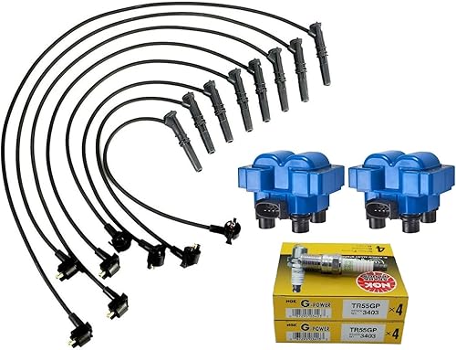 Yoshi Motors Paquete de 2 bobinas de encendido + 8 bujías de platino + juego de cables de repuesto para Ford F150 F250 Expedition Crown Victoria 4.6
