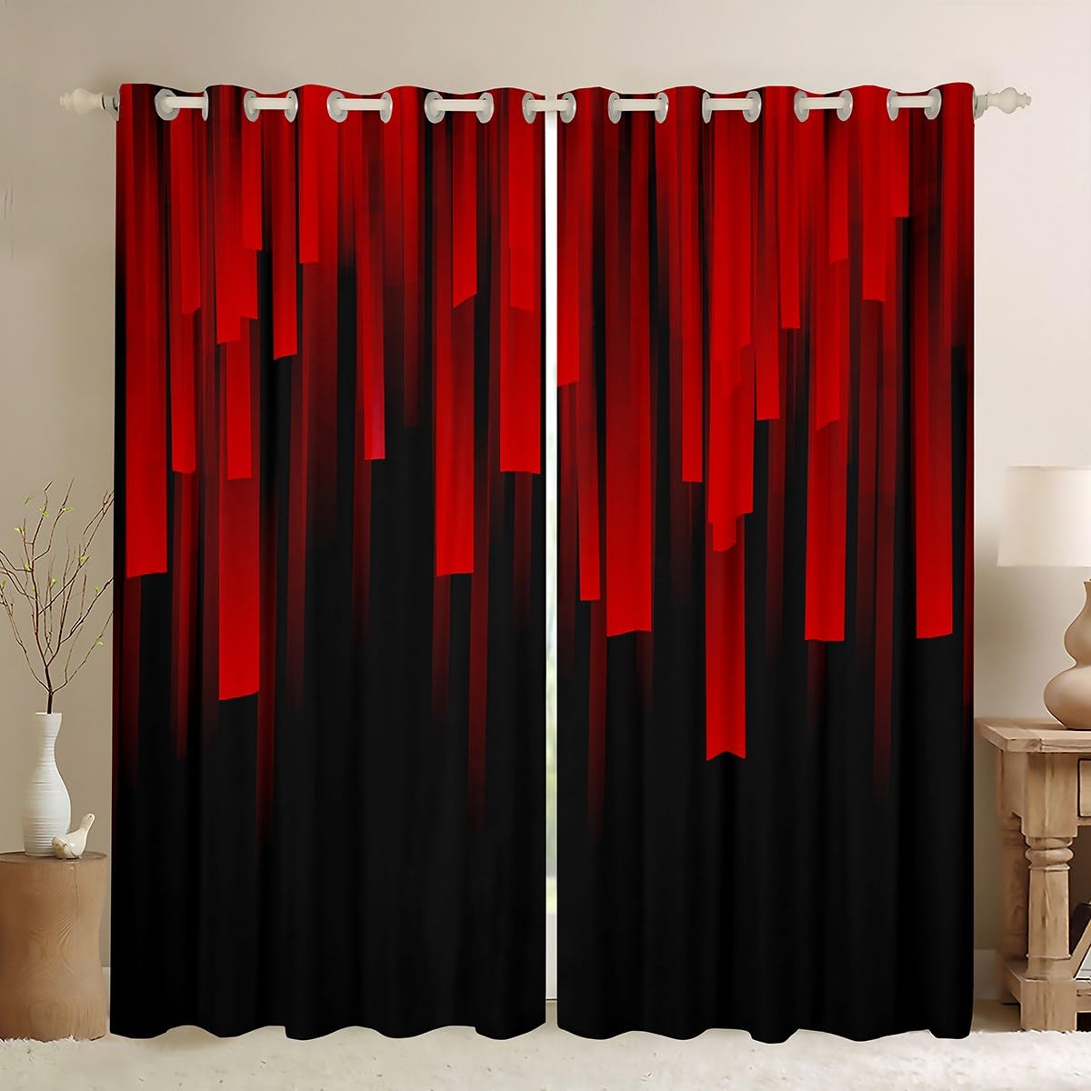 Feelyou Kids Geometric Striped Blackout Curtain (30%-50%) (2 Panels, 42x63 Inch) Red Black Abstract Ombre Curtain for Bedroom Boys Girls Modern Stripe