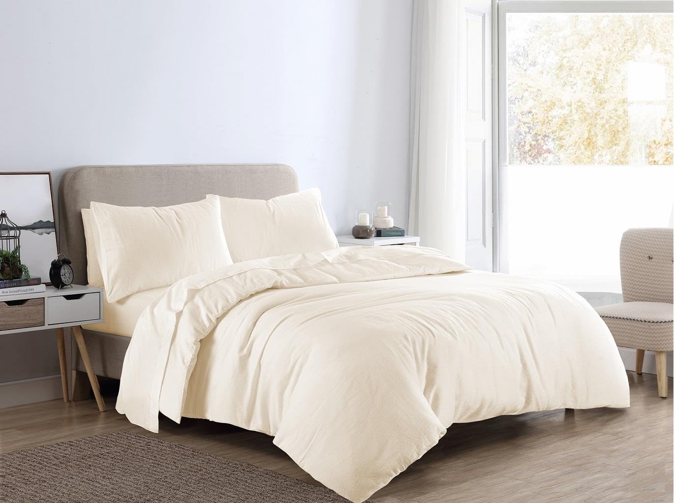 Kampala Hill Plain Dye Flannelette Bedding Brushed Cotton Duvet Cover Set Cream Double