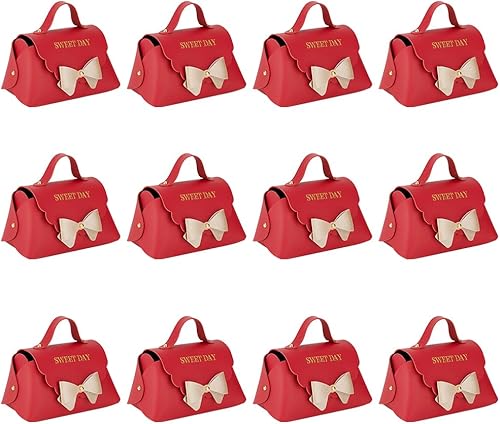 FINGERINSPIRE Paquete de 12 cajas de regalo de cuero con lazo con asa de 5.1 x 2.7 x 3.15 pulgadas, mini bolso de cuero sintético rojo, caja de