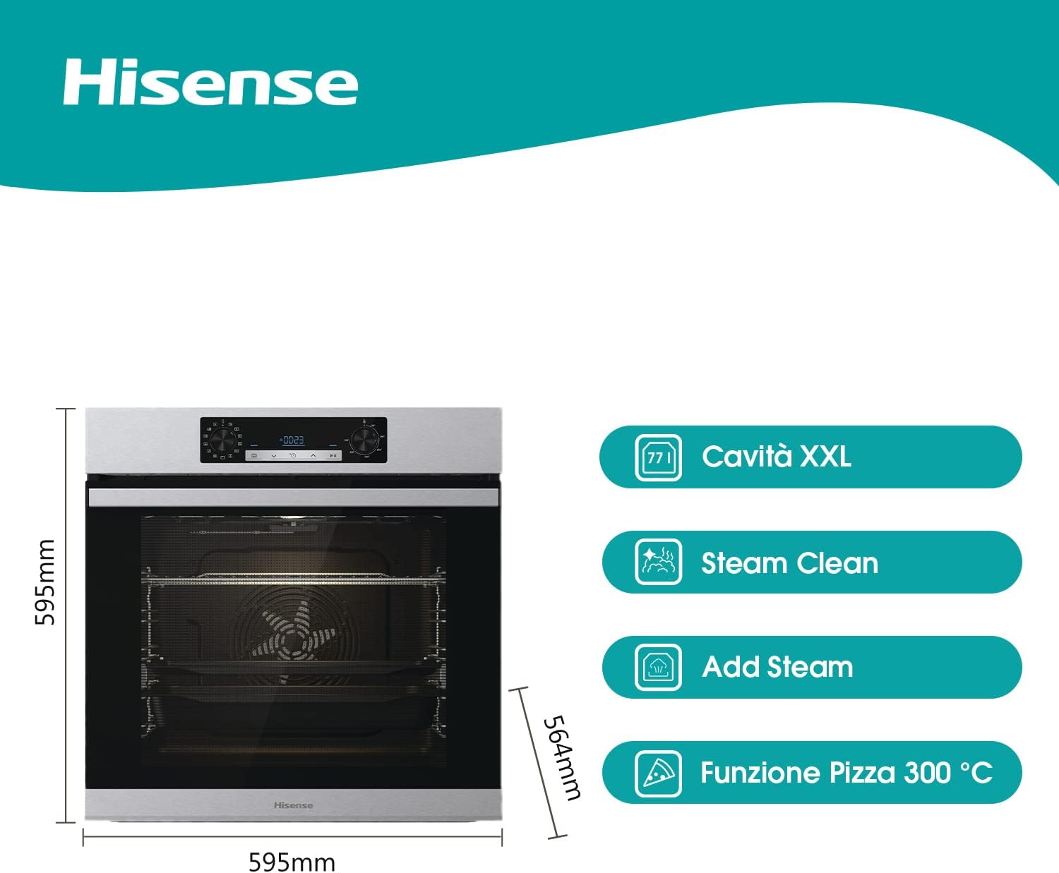 Hisense BSA65226AX, Forno Multifunzione Termoventilato con aggiunta Vapore, Cavità XXL 77L, Pulizia Acqua Clean, 13 funzioni di cottura, 3 funzioni Vapore, Funzione pizza 300 °C, Cottura AirFry [Classe di efficienza energetica A]