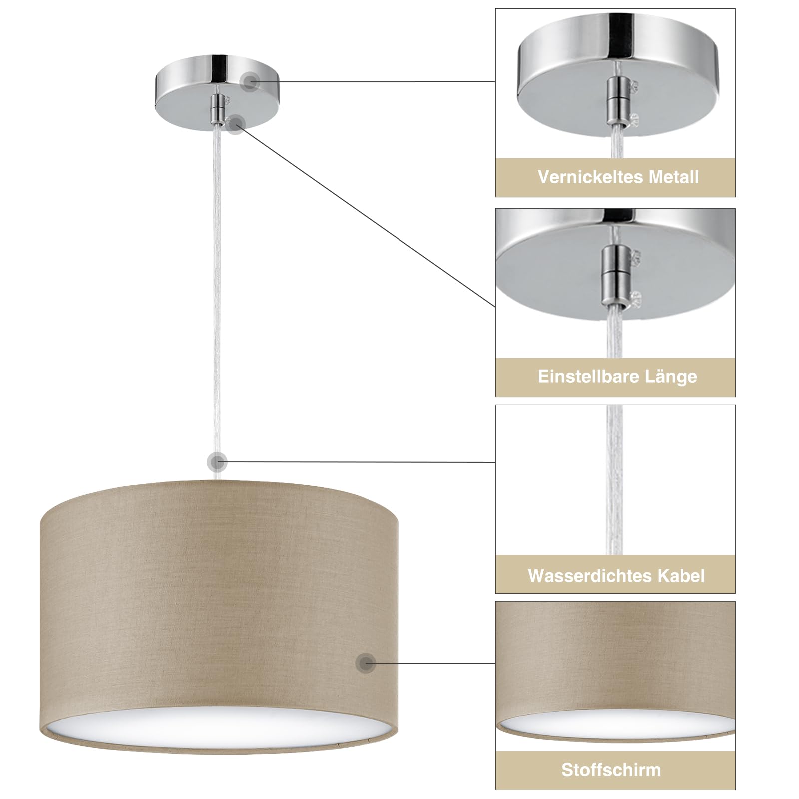 Zedelmaier Hängelampe Lampenschirm Deckenlampe Hängend mit Stofflampenschirm E27x1/Max.40w Hängelampe Wohnzimmer Schlafzimmer Esszimmer Schlafzimmerlampe Wohnzimmerlampe Pendelleuchte (Taupe, Φ30cm)