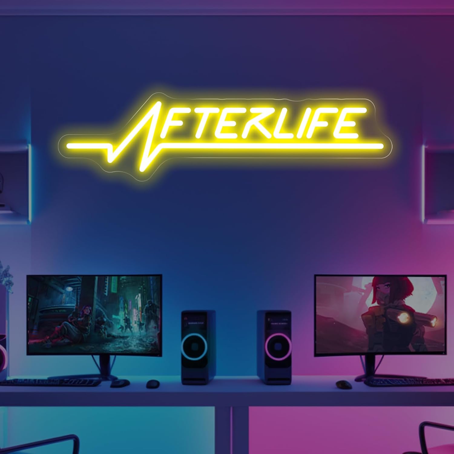 Afterlife Neon Sign, Lemon Yellow Cyberpunk LED Wall Light, Cyberpunk Shooting Games LED Decor for Man Cave, Gamer Room, Boys Bedroom, PC Setup, Bar, Esports Arena 17.7″ × 4.7″