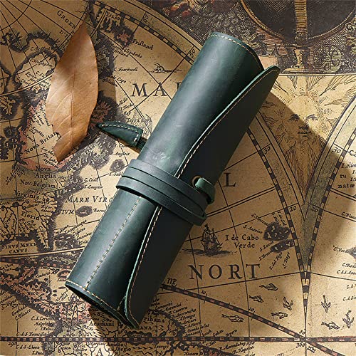 Image of Vintage Genuine Leather Pencil Roll - Pencil Storage Case /Pouch Organizer Handmade (Green)