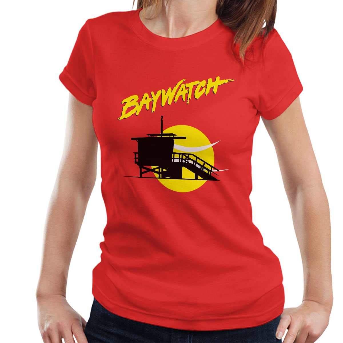 Cloud City 7 Women's Red Baywatch Lifeguard Tower Sunset T-Shirt