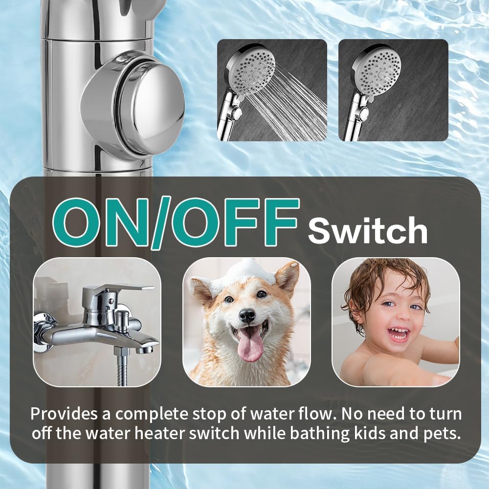 Close-up of the shower head handle showing the on/off switch button, with illustrations of bathing a dog and a child.
