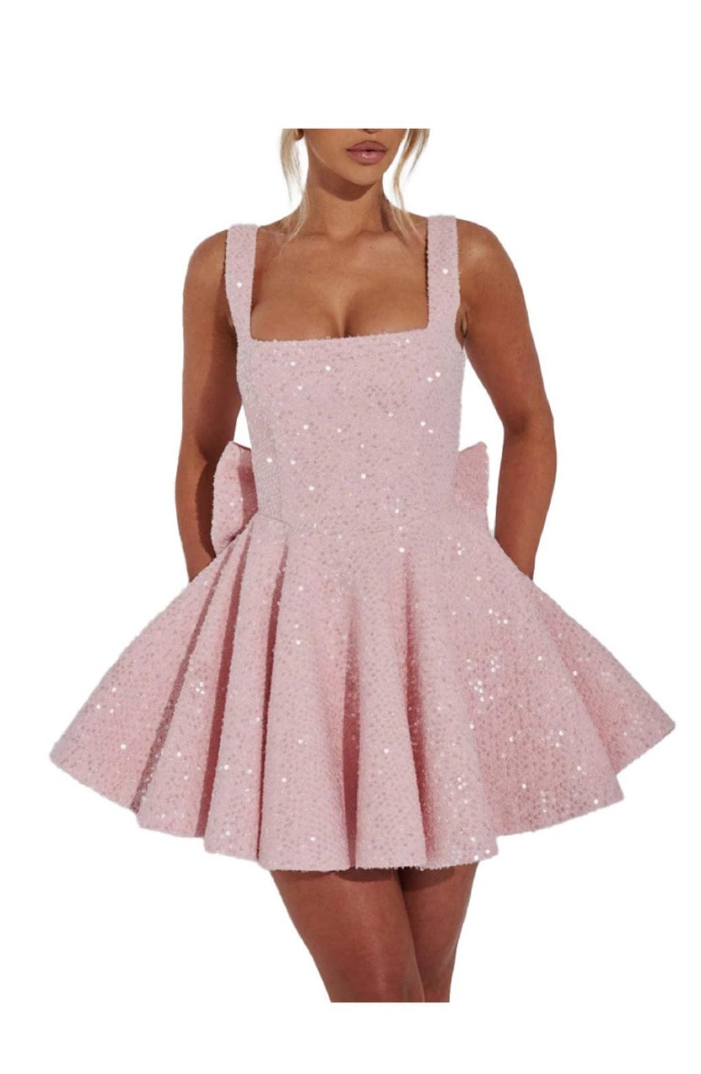 Leader of the Beauty Women's Glitter Dress Sequins Party Cocktail Sparkly Dress Clubwear Evening Dresses with Bow Pink