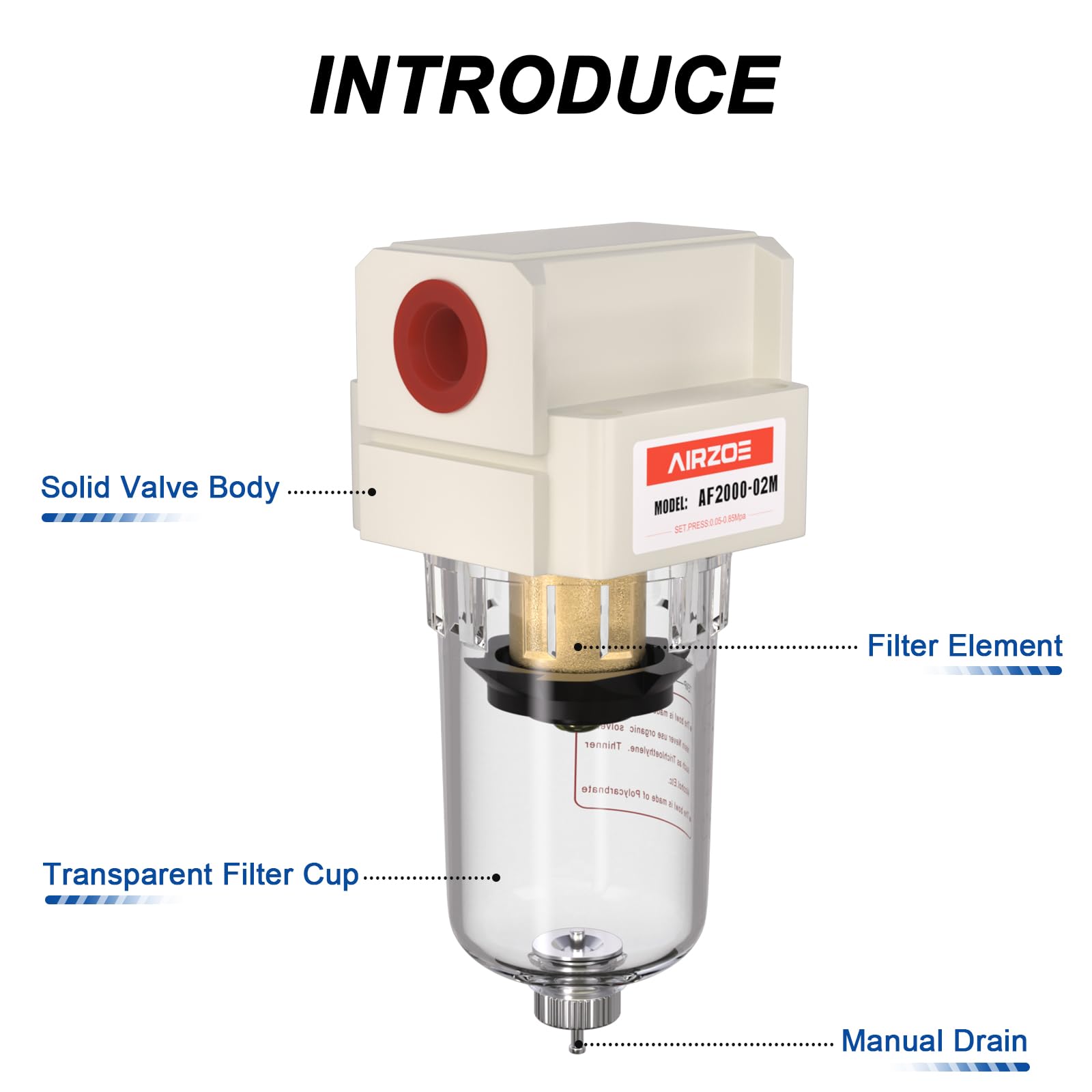 AIRZOE 1/4" NPT Compressed Air Filter AF2000-02M, Manual Drain,0-150psi — Amazon image 3
