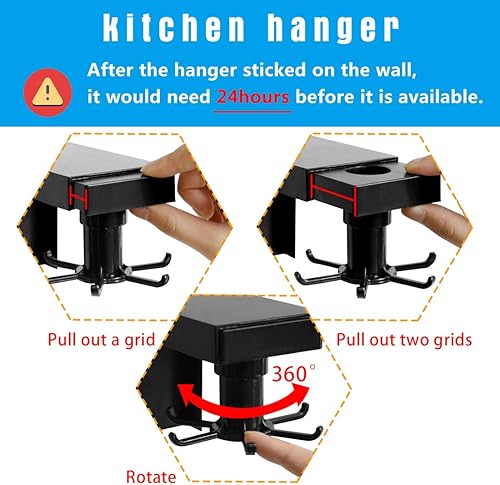 Miniatura 6 de Linkidea Gancho de cocina para gabinete, rotación de 360°, estante colgante de cocina para almacenamiento de utensilios, gancho adhesivo sin uñas