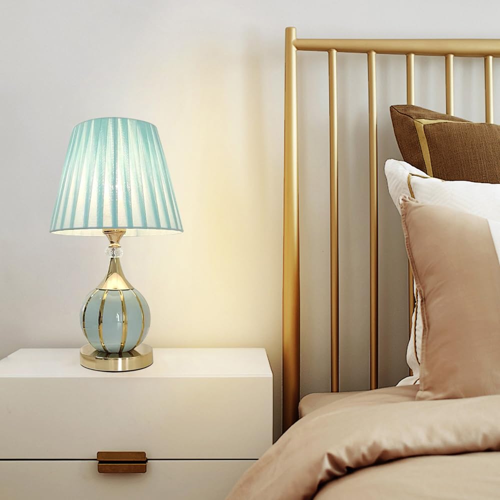 Mengjay Vintage Nachttischlampe mit Kabel,Tischlampe aus Keramik,Moderne Tischleuchte mit Stoffschirm,E27 Fassung,Dekolampe,Leselampe,Nachtlicht für Schlafzimmer, Wohnzimmer,Kinderzimmer (Blau)