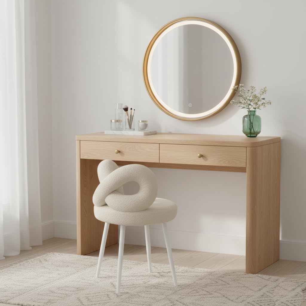 Tabouret de maquillage, dossier élégant en forme d'arc, siège rembourré en fausse laine douce, pieds en acier au carbone antidérapants, capacité de charge maximale de 150 kg, chaise de