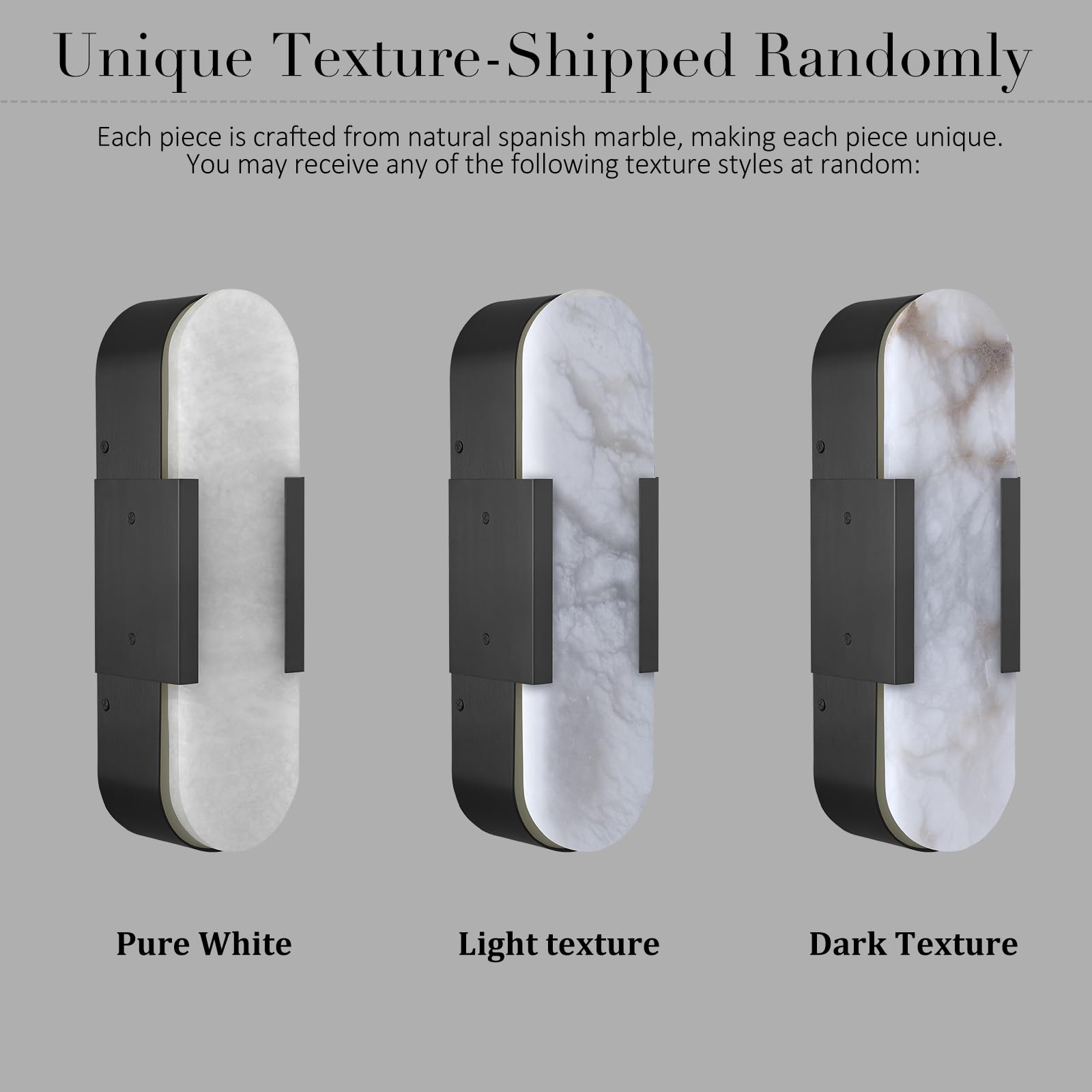Apliques de pared de mármol natural, juego de 2, 35 cm (13,8"), color alabastro negro, iluminación moderna con cableado fijo para tocador, luz cálida de 3000 K, para baño (13.8inches)