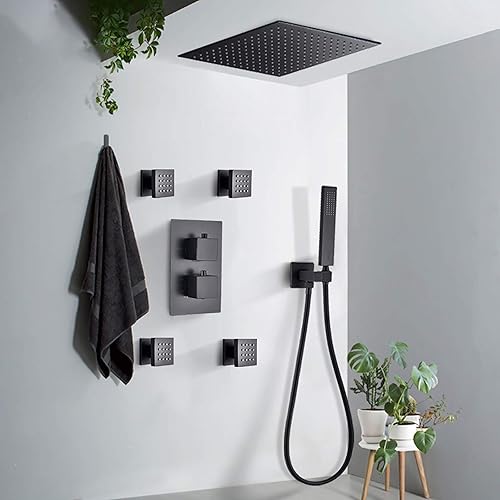 Miniatura 2 de Matte Black Thermostatic Rain Mixer Shower Combo Set Ceiling Mounted Bathroom Shower Faucet Set with Shower Head, Handheld Shower, Body Jets,8 Inches