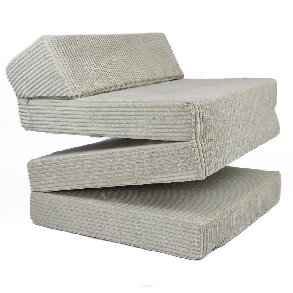 FORTISLINE - Klappmatratze 200x70x10cm mit Kopfteil & Kissen – Gästebett ausklappbar für Kinderzimmer & Camping Matratze Schaumstoff – Faltmatratze tragbar – Faltbare Matratze aus Cord – Beige
