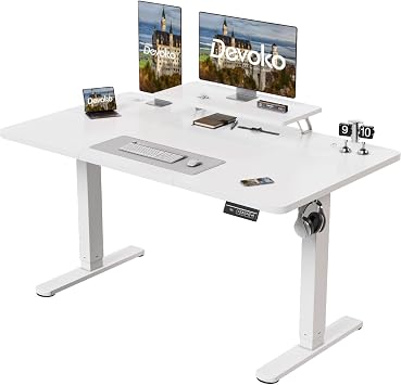 Devoko Electric Standing Desk 140 x 60cm with Monitor Stand, Height Adjustable Desk for Gaming, Home Office Table with 2 Memory Smart Pannel White
