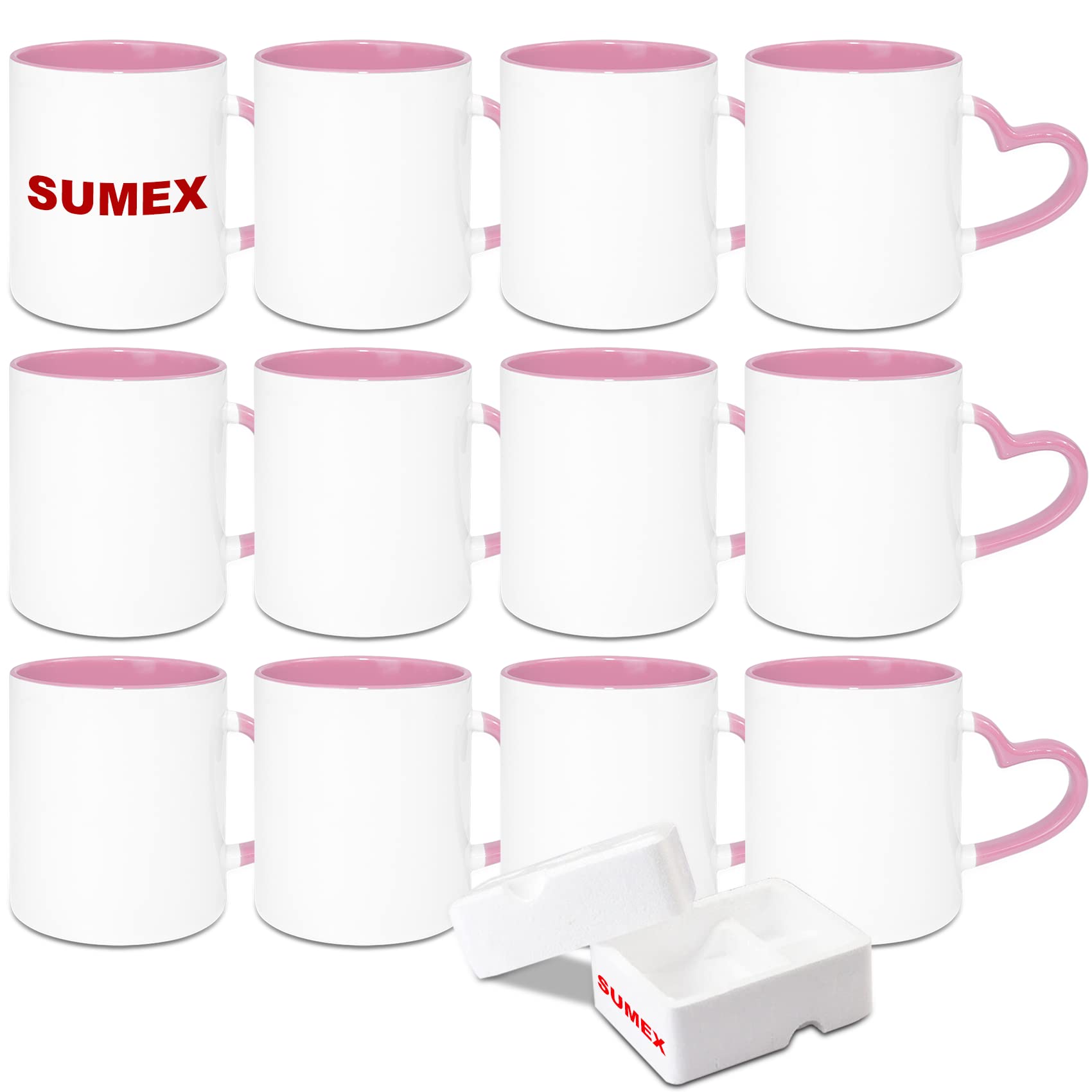 Sumex Juego de 12 tazas de café de cerámica en blanco de sublimación de 325 ml con mango de corazón para té, leche, latte, cacao caliente, interior rosa y asa