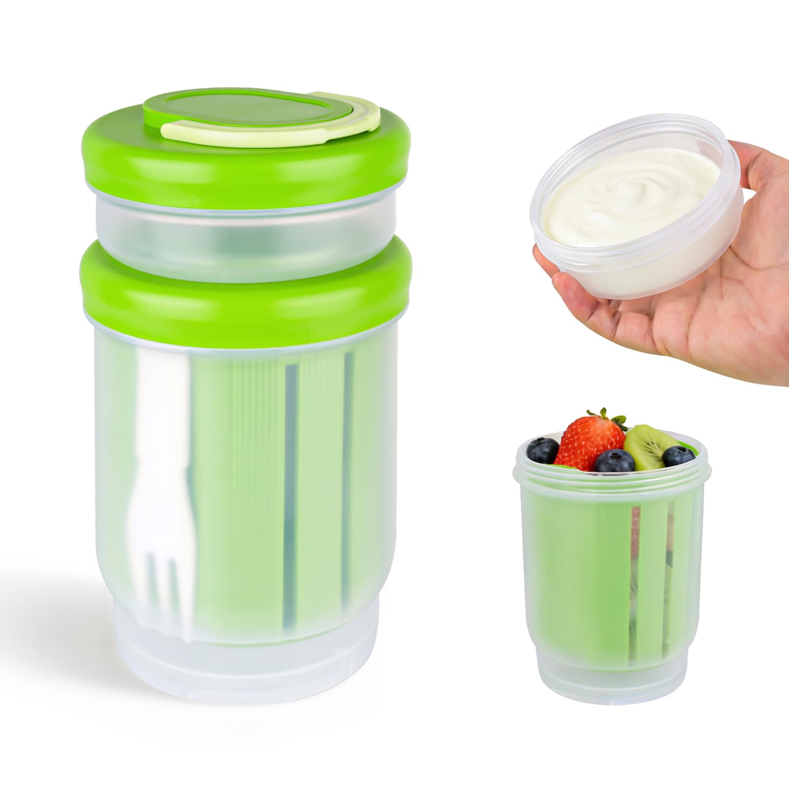 Modixun Salad Jars with Dressing Cup & Fork, Leakproof 2-Compartment Salad Container with Strainer & Lids, for Lunch, Meal Prep, Overnight Oats, Yogurt Parfait, 1 Pack