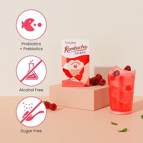 Miniatura 6 de Teazen Té Kombucha, cero azúcar, bebida fermentada espumosa en polvo de Corea, probióticos vivos y prebióticos (frambuesa)