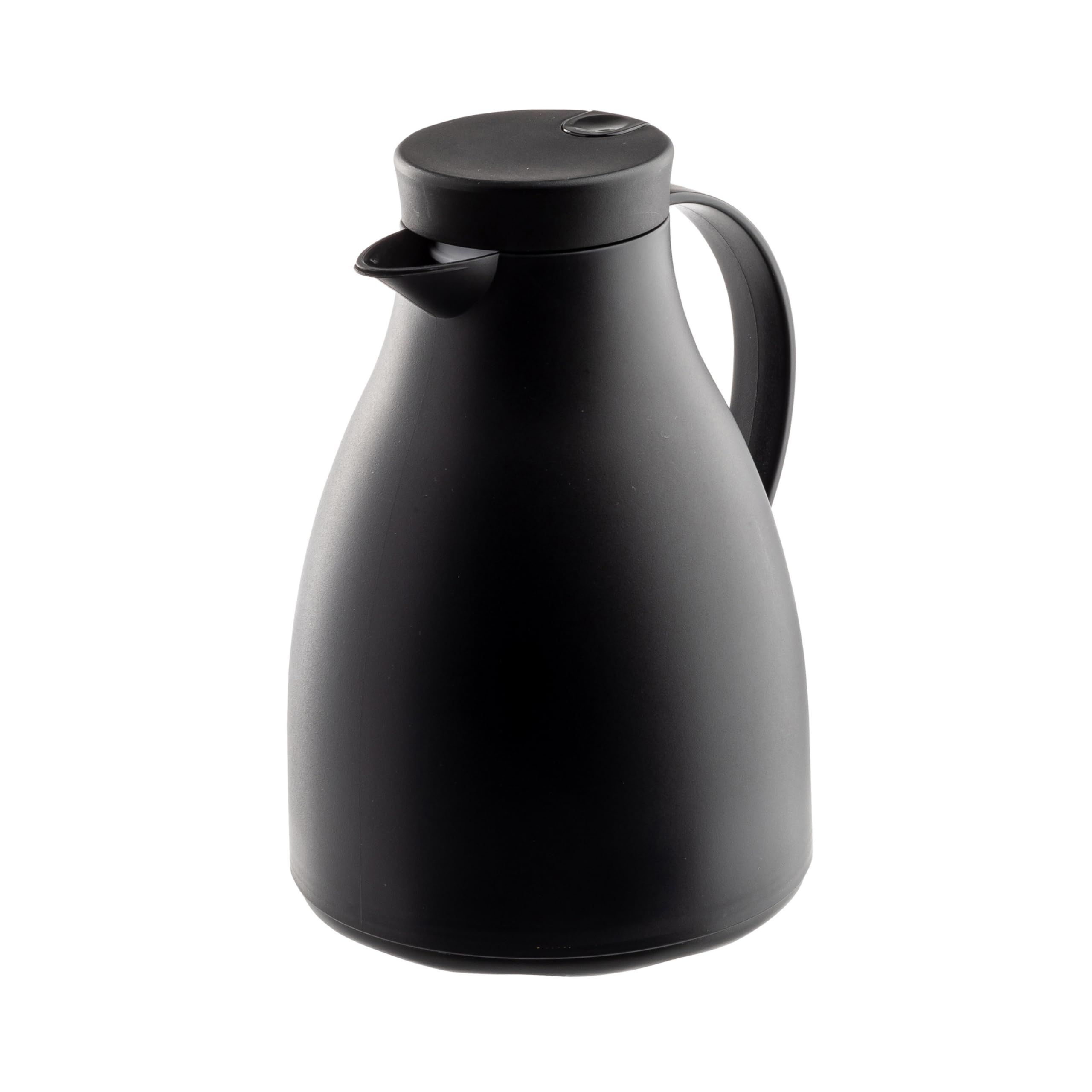 TableCraft 12667, 50 oz (1.5 L) Plastic Coffee Carafe with Glass Liner, Black Frosted Vacuum Insulated Coffee Dispenser with Push Press Lid, Lightweight, Ideal for Diners, Cafes & Restaurants