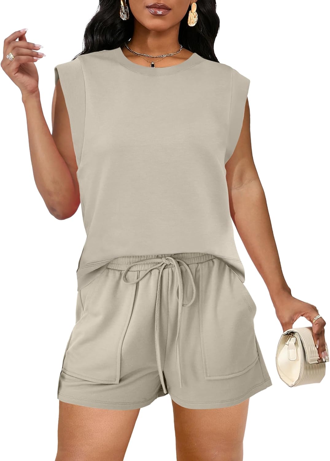 sexycherry Two Piece Short Sets for Women Casual Crew Neck Cap Sleeve Drawstring Summer Sweatsuit with Pockets - Image 2