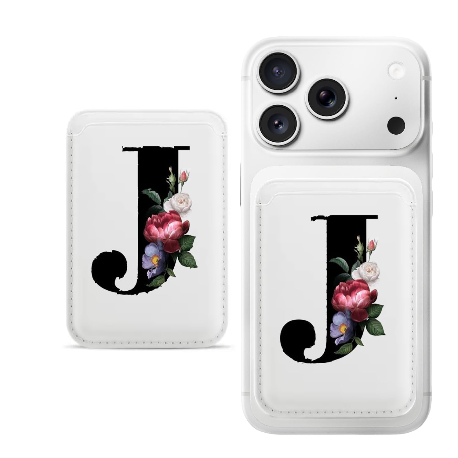 J-letter Magnetic Card Wallet Holder for iPhone, Slim PU Leather Wallet Card Case, Phone Back Card Sleeve, Cute Phone Accessory