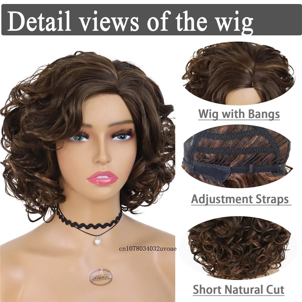 Krótka brązowa peruka dla kobiet, puszyste kręcone syntetyczne włosy, peruka z boku, mieszany blond, ombre blond, naturalne peruki na Halloween (Silver Grey)