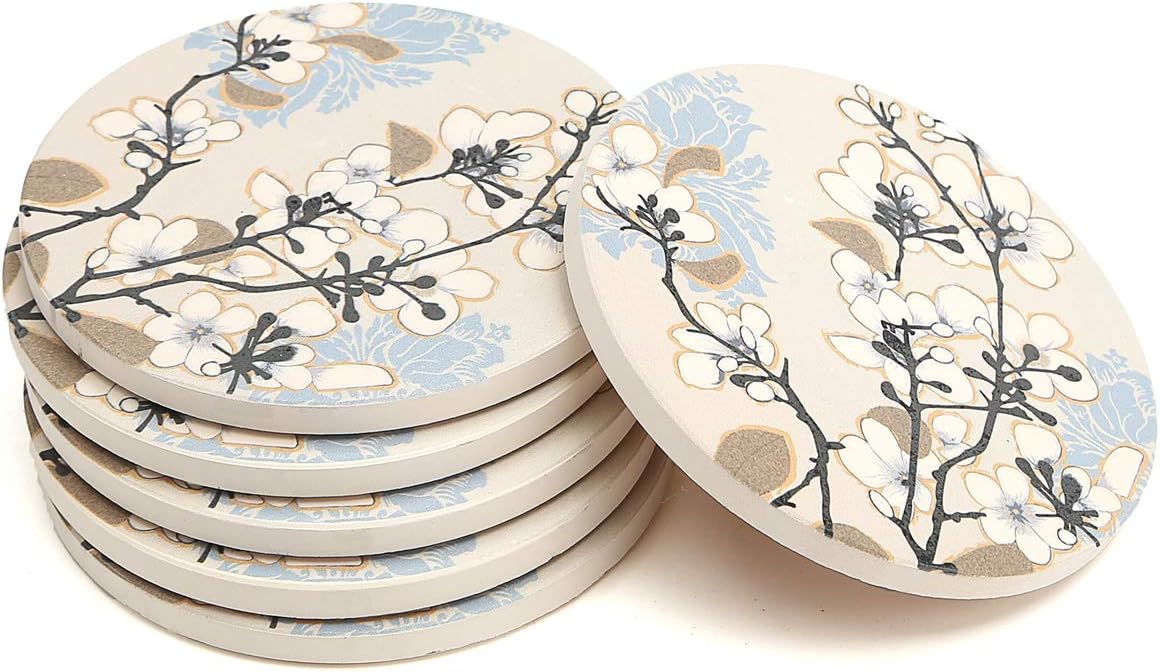 Enkore Ceramic Coasters, Dogwood Branch Design - 6 Pack of Absorbent Stone for Drinks, Protect Furniture from Coffee Or Tea Marks