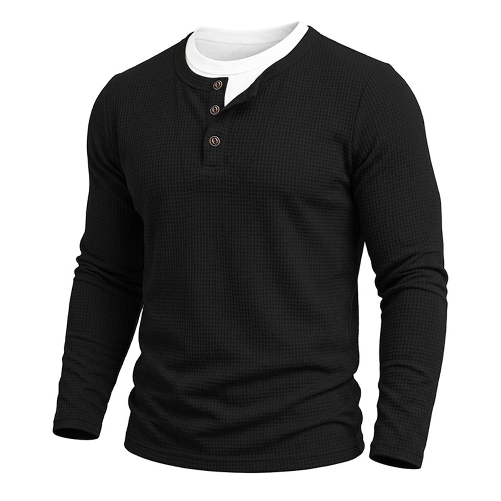CHUNOTU Henley T Shirt da uomo UK Waffle Knit Fake Two Piece Long Sleeve | Casual Base Layer Tees Oversize Plain Felpe Loose Fit Moda Pullover Maglione Top