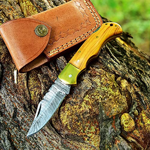 Huntex Smith Pocket Knife, Damascus Steel Pocket Knife For Men,6.75 Inch Hunting Knife With Leather Sheath, Scissors, Sharpener And Gift Box,Damascus Folding Pocket Knives Best For Outdoor & Indoor,Camping, Hiking,Survival And Skinning(Olive-Wood) #TOP3