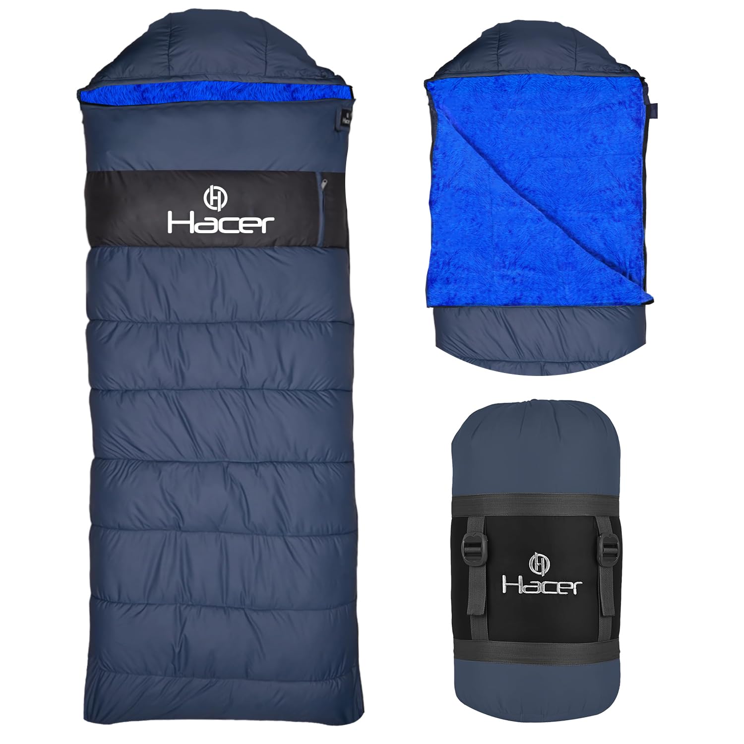 Hacer Kedarkantha Camping Sleeping Bag -5°C to +5°C Half Mummy & Half Rectangle Shape Soft Faux Fur Lining Comfortable Hiking Trekking for Baby, Men & Women - Height Upto 7.2ft- (Blue & Grey, 2 kg)