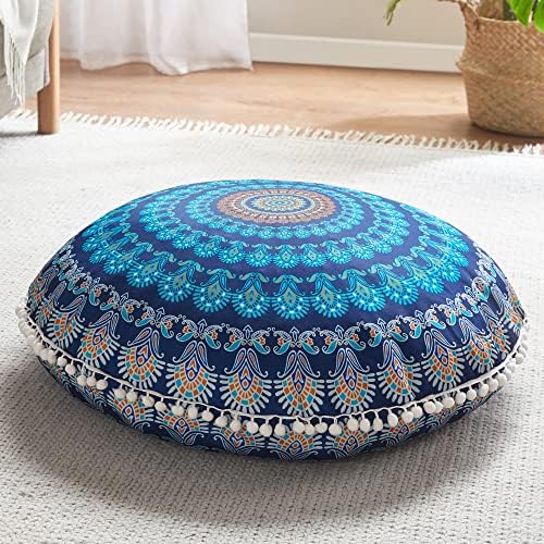 Codi Meditation Floor Pillow, Round Large Pillows Seating for Adults, Bohemian Mandala Circle Cushion for Outdoor Fireplace Yoga Living Room, 32 Inch, Memory Foam Added, Navy