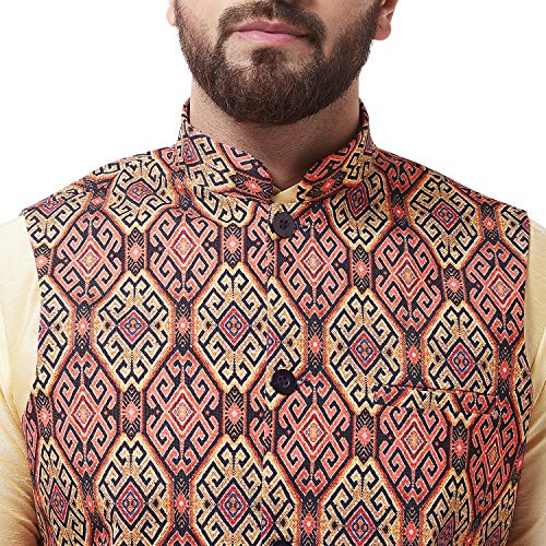 Image of SOJANYA (Since 1958 Men's Silk Blend Gold Kurta Pyjama & Printed Nehrujacket Combo