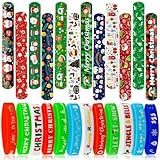 JUNEBRUSHS 50 Pack Christmas Party Favors Christmas Slap Bracelets Rubber Wristbands Assorted for Kids Slap Bands Silicone Snap Bracelets Bulk for Boys Girls Prizes Gifts Toys Stocking Stuffers