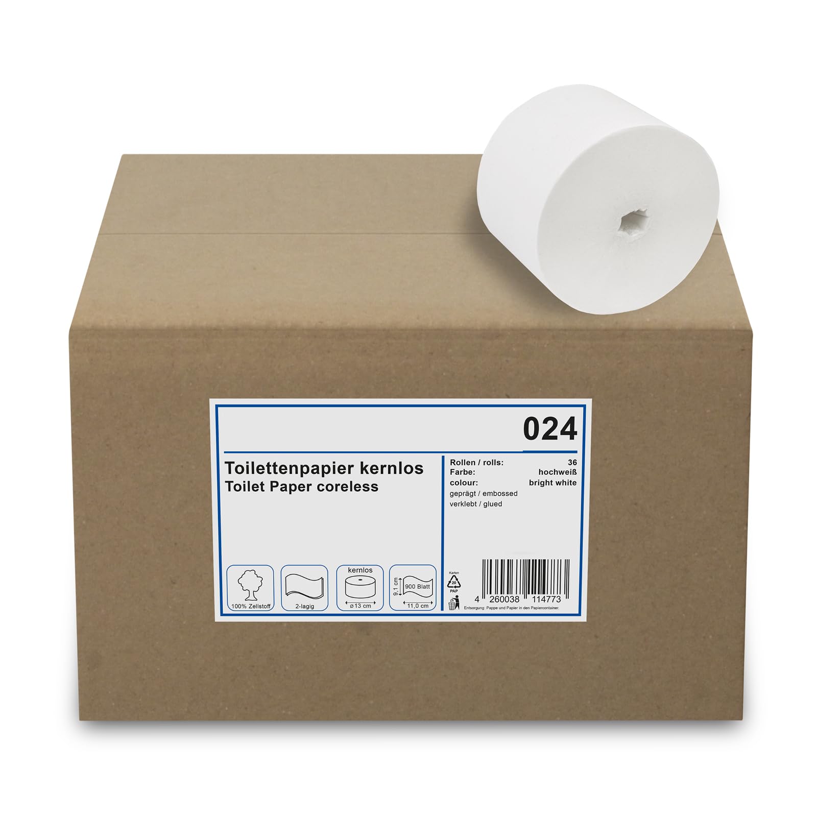 Hypafol Toilettenpapier kernlos 2-lagig – 36 Rollen à 900 Blatt | Zellstoff Weiß Ø 13 cm | Ressourcensparend, weich & saugstark