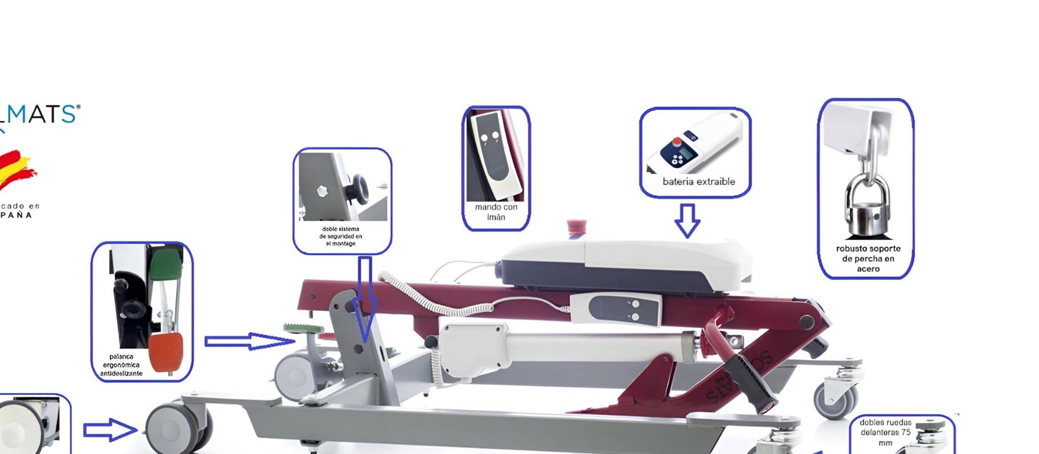 Grúa eléctrica, Grúa personas mayores, Grúa para enfermos, Elevador de pacientes, Marca Española, Solmats, Soporta 150 kg, Arnés Incluido, Personas Mayores, Segura, Plegable, Fácil de Usar