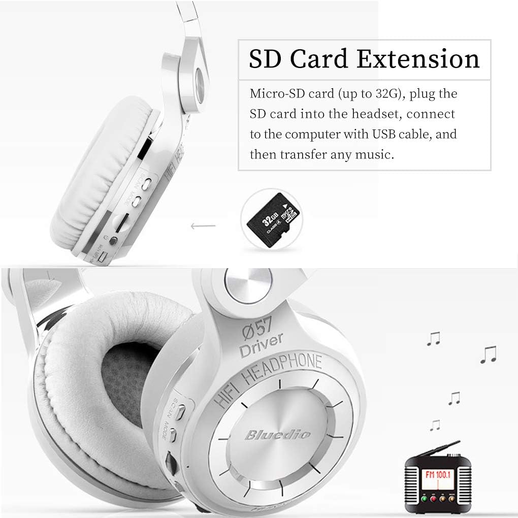Bluedio Bluetooth Headphones Over Ear, Lightweight Rotary Folding Wireless Headphones with Micro 40 H Music Time Headset with SD Card Slot/FM Radio and Storage Bag (White T2+)