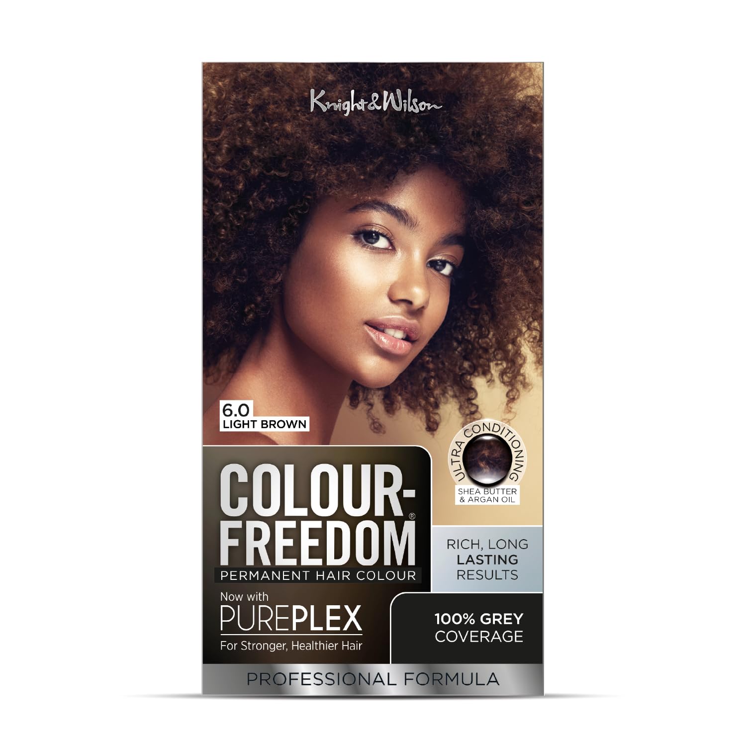 Colour Freedom Light Brown Permanent Hair Colour. Formulated with PurePlex to Protect, Restore and Nourish. 100% Grey Coverage. 6.0 Light Brown by Knight & Wilson