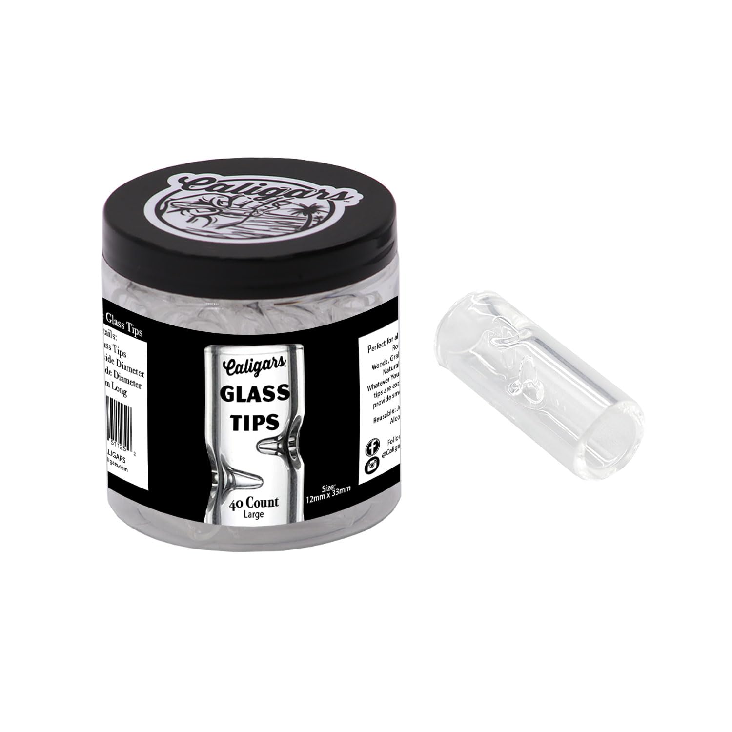Glass Tips 40 Pack- 12x30mm for Backwoods, Hemp, Wraps, Papers by Caligars