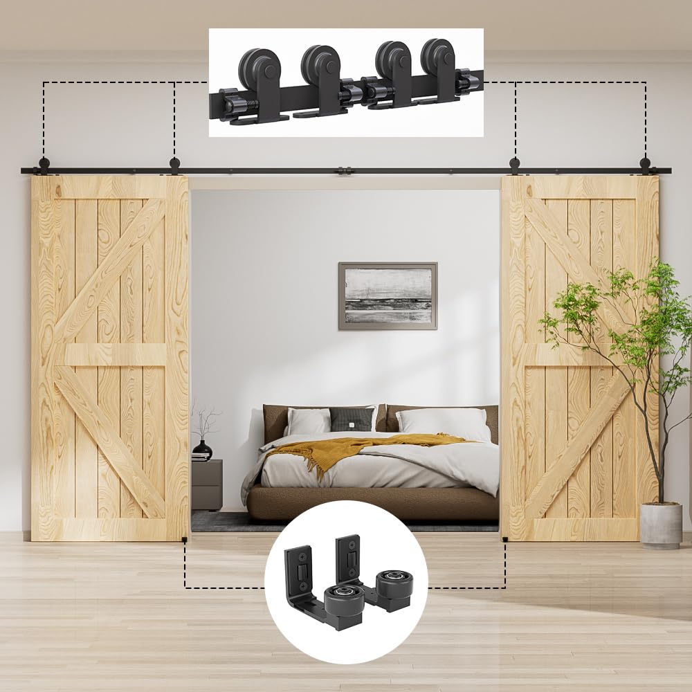 203 cm (6,6 FT) Hardware per porta scorrevole Kit di granaio Accessorio per armadio con rullo per porta doppia,Contiene guida a pavimento regolabile