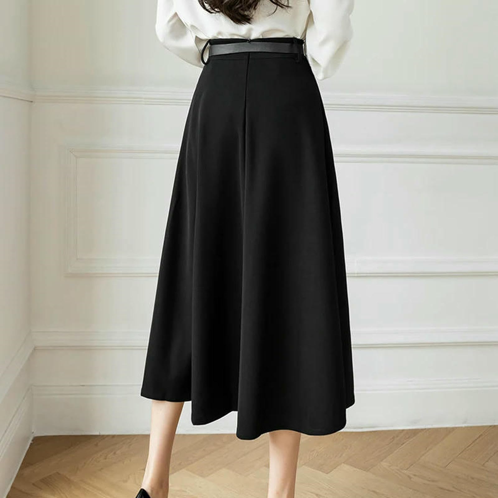 Gonna Lunga A Trapezio da Donna Casual Kaki con Cintura Vita Alta, Gonne Longuette Larghe E Grandi, Donna-Nero-l