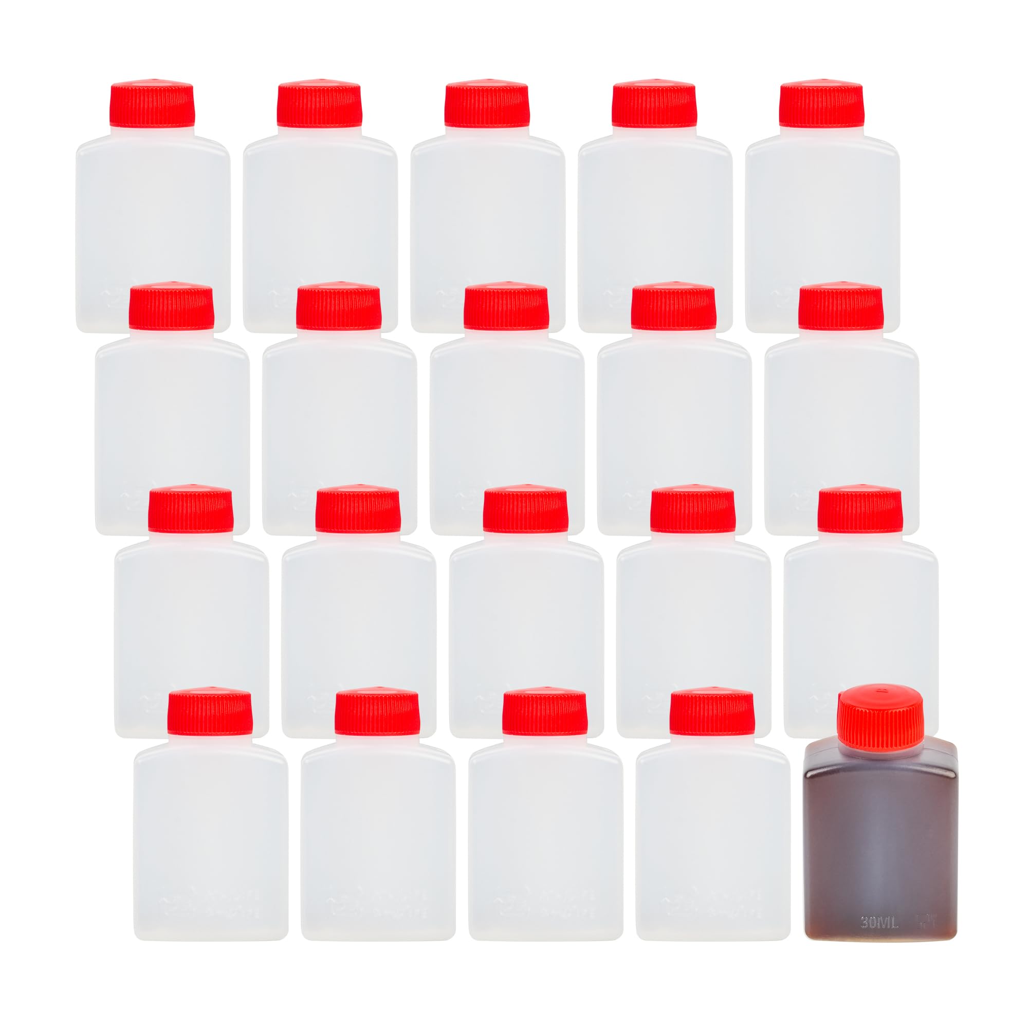 Restaurantware -Bento Tek - Mini botellas de salsa de soja de 1 onza, 100 mini botellas desechables para condimentos con tapas rojas, paquete de condimentos, vinagre o salsa, botellas de plástico