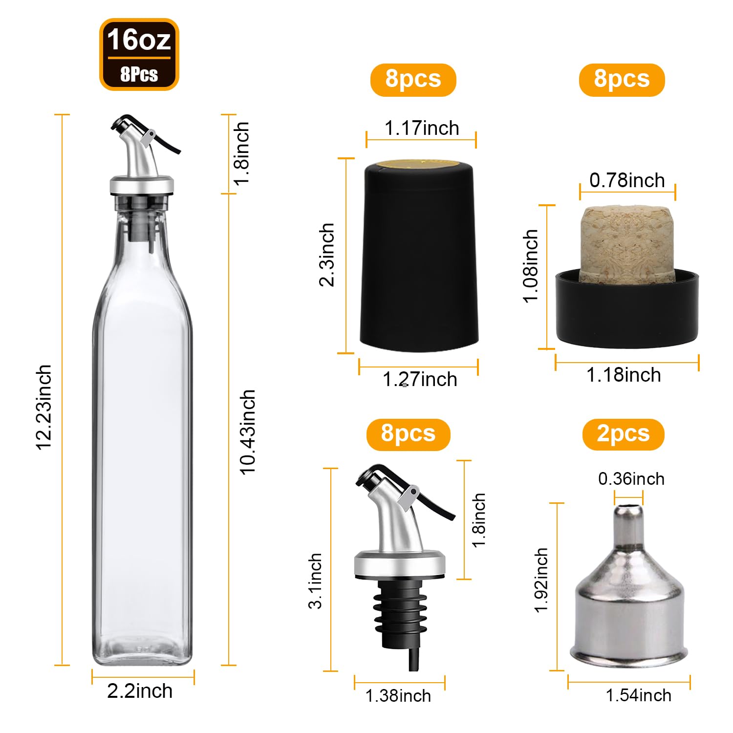 Salzesfalls Botella dispensadora de aceite, juego de botellas de vidrio de vinagre de 500 ml, vinagre transparente con vertedores y corchos para cocina, paquete de 8