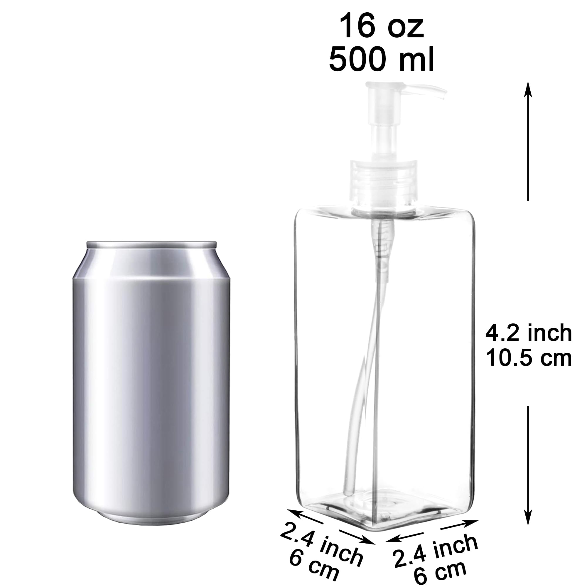 Youngever 5 butelek z pompką 500 ml, puste butelki z pompką do szamponu, plastikowe kwadratowe z blokadą, szczelne pompy (przezroczysta pompka)