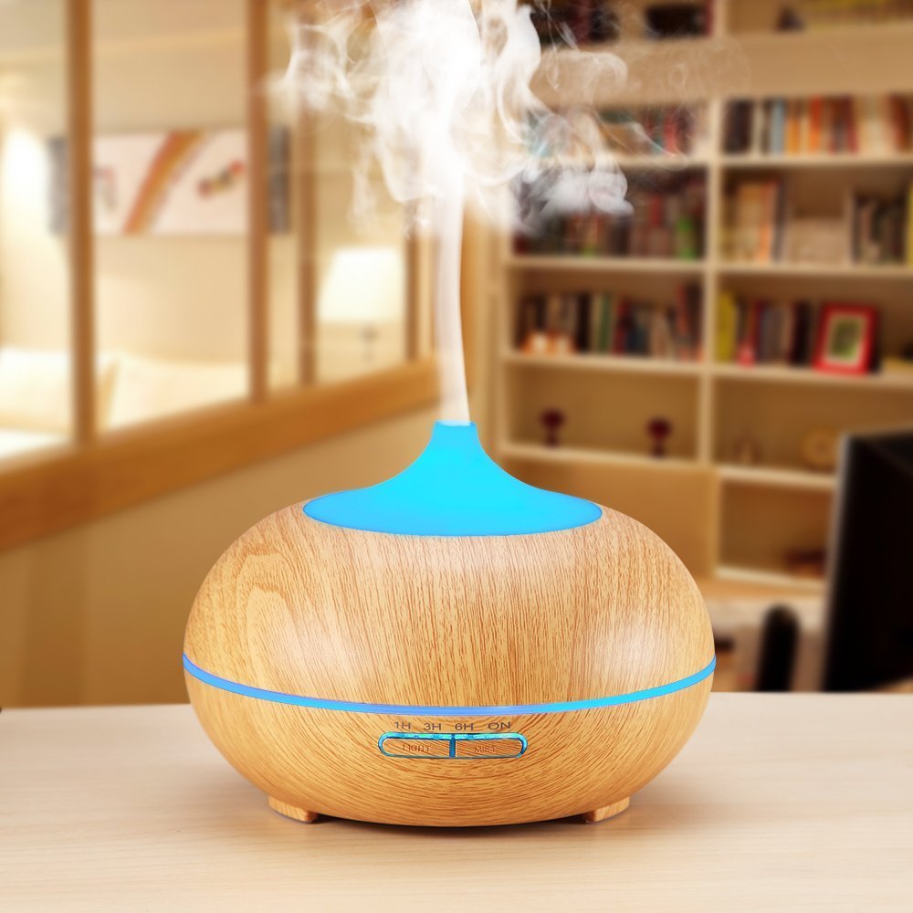 Essential Oil Diffuser, Aroma Diffuser Ultrasonic Silent Humidifier with 300ml, 7 Changeable Colored LED Lights, Innovation Bigger Mist and Waterless Automatically Shut-off, Air Purifier for Bedroom Home, Yoga, Office, Spa, Baby Room (Light wood color)