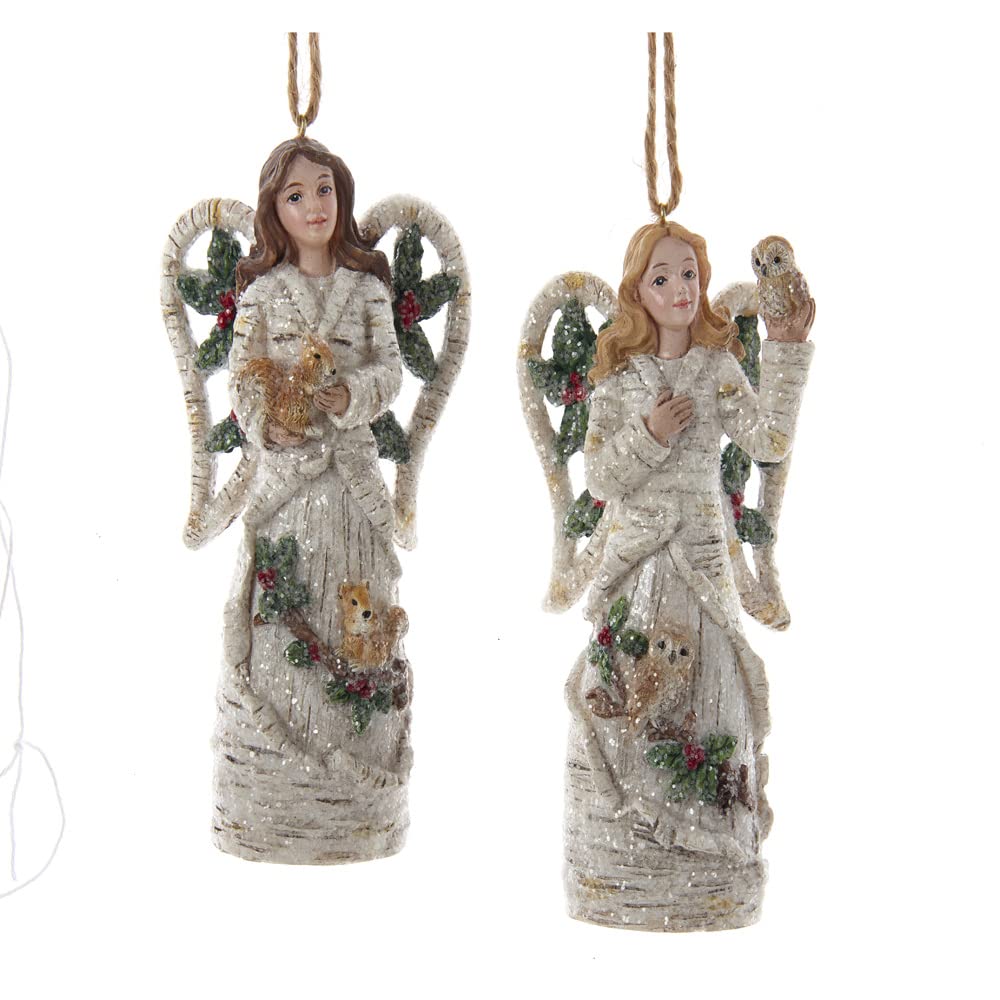 Kurt Adler 2pc Birch Berry Woodland Angels Christmas Ornaments Set 4 3/4 inches
