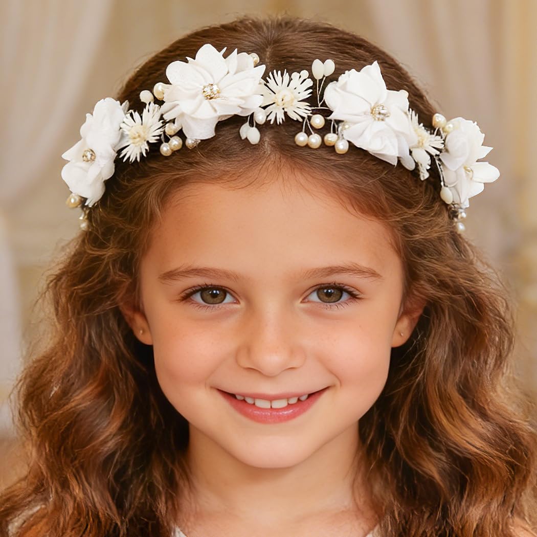 Campsis Flower Girl Headpiece, Pearl Floral Headband, White Communion Hair Accessory for Bridal