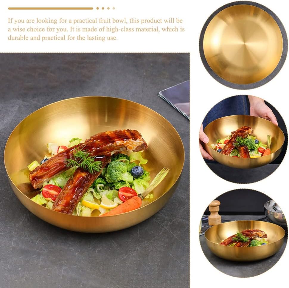 Hemoton 2pcs Stainless Steel Mixing Bowl 9.4inch Pasta Plates Bowl Japanese Ramen Noodle Bowl Gold Metal Soup Bowl Salad Serving Bowl for Fruit Udon Soba Pho Asian Noodles