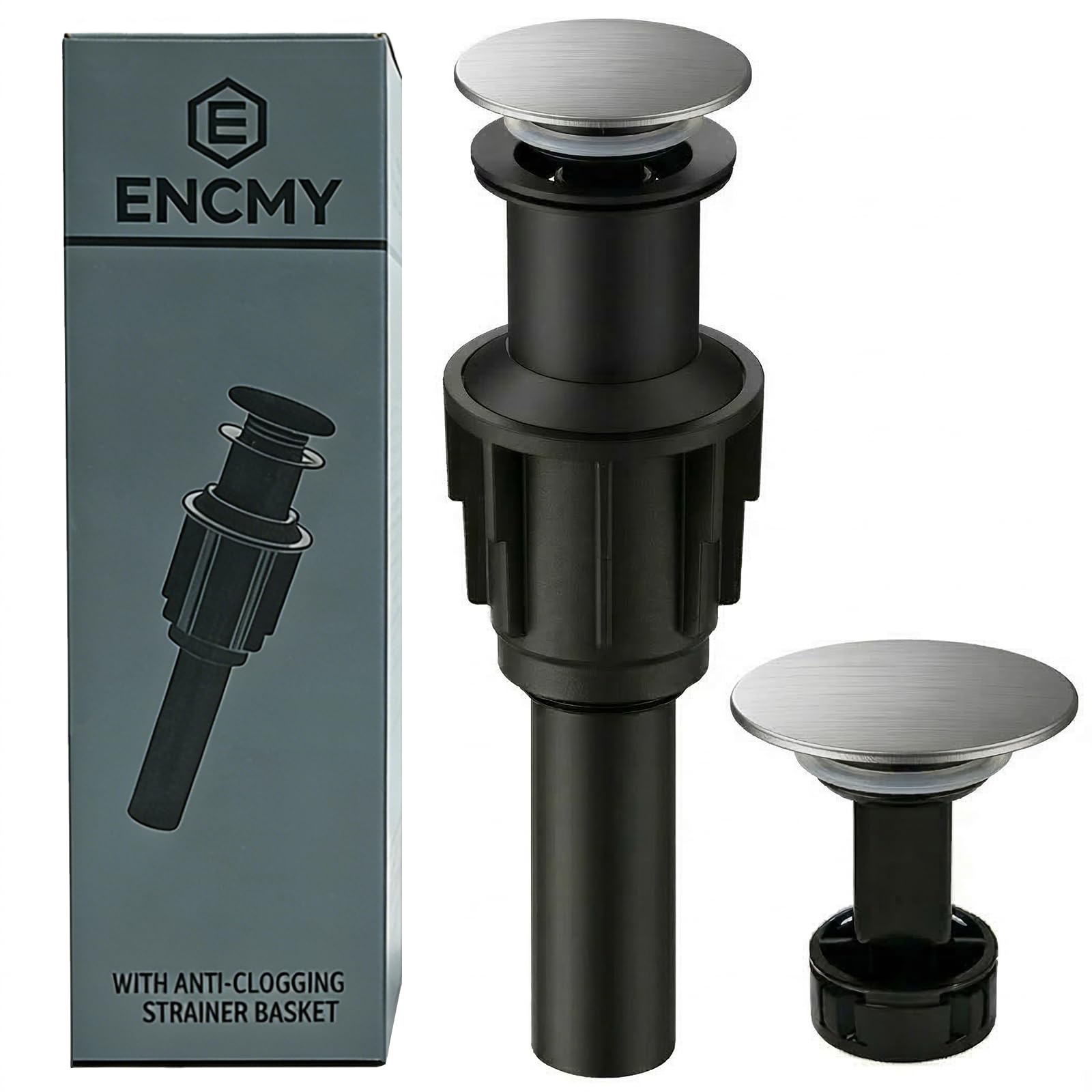 Bathroom Sink Drain Without Overflow- Matte Black Pop up Drain for Bathroom Vanity Vessel Sink Drain Stopper - Anti-clog Pop-up Plastic Drain with Hair Catcher Strainer — view 8